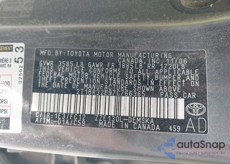 2007 Toyota Corolla Ce/Le/S from USA, damaged, VIN 2T1BR32E97C766365